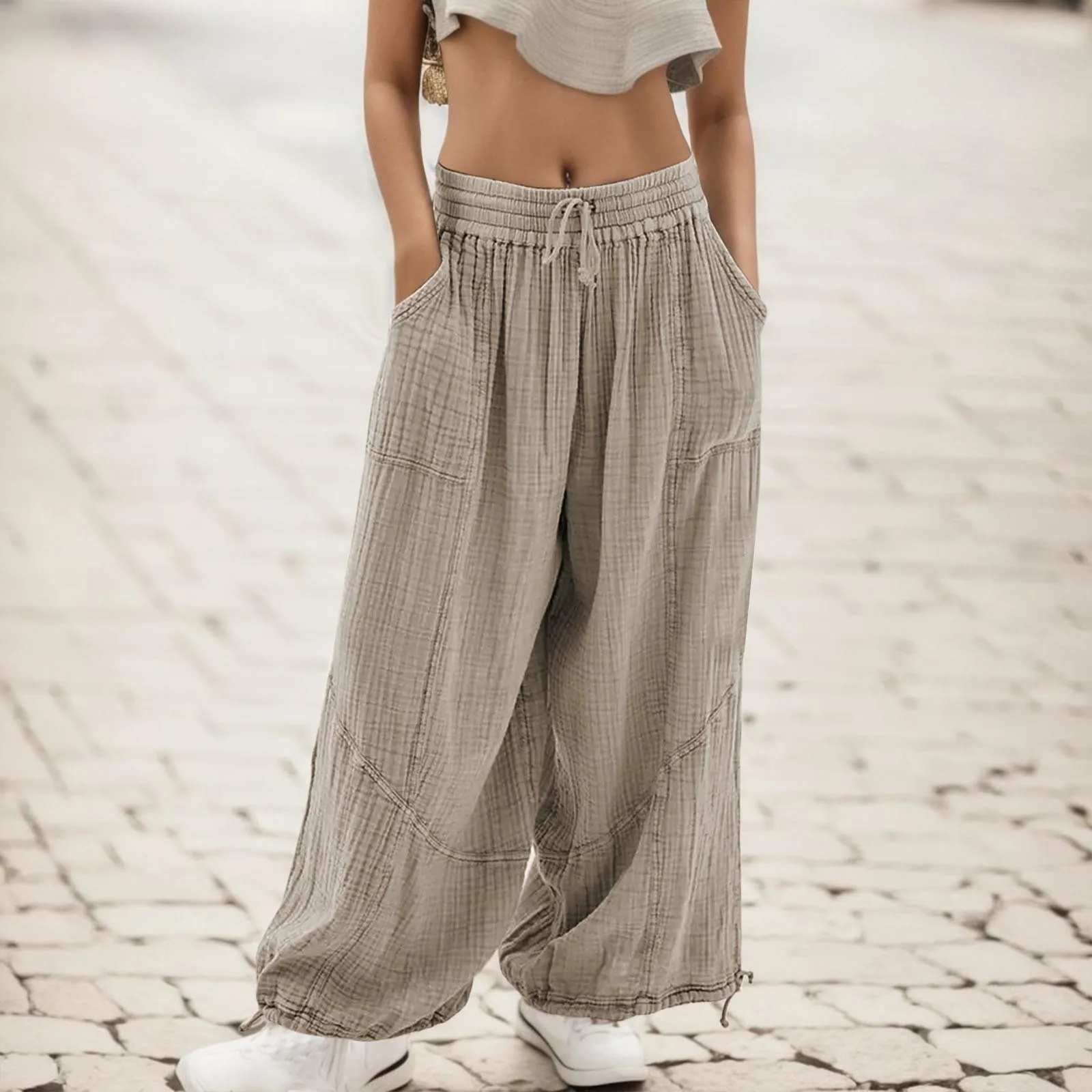 Women's Pants Loose Solid Elastic Waist Pocket Harem Pants Summer Vintage Boho Beach Trousers High Waist Wide Leg Pants