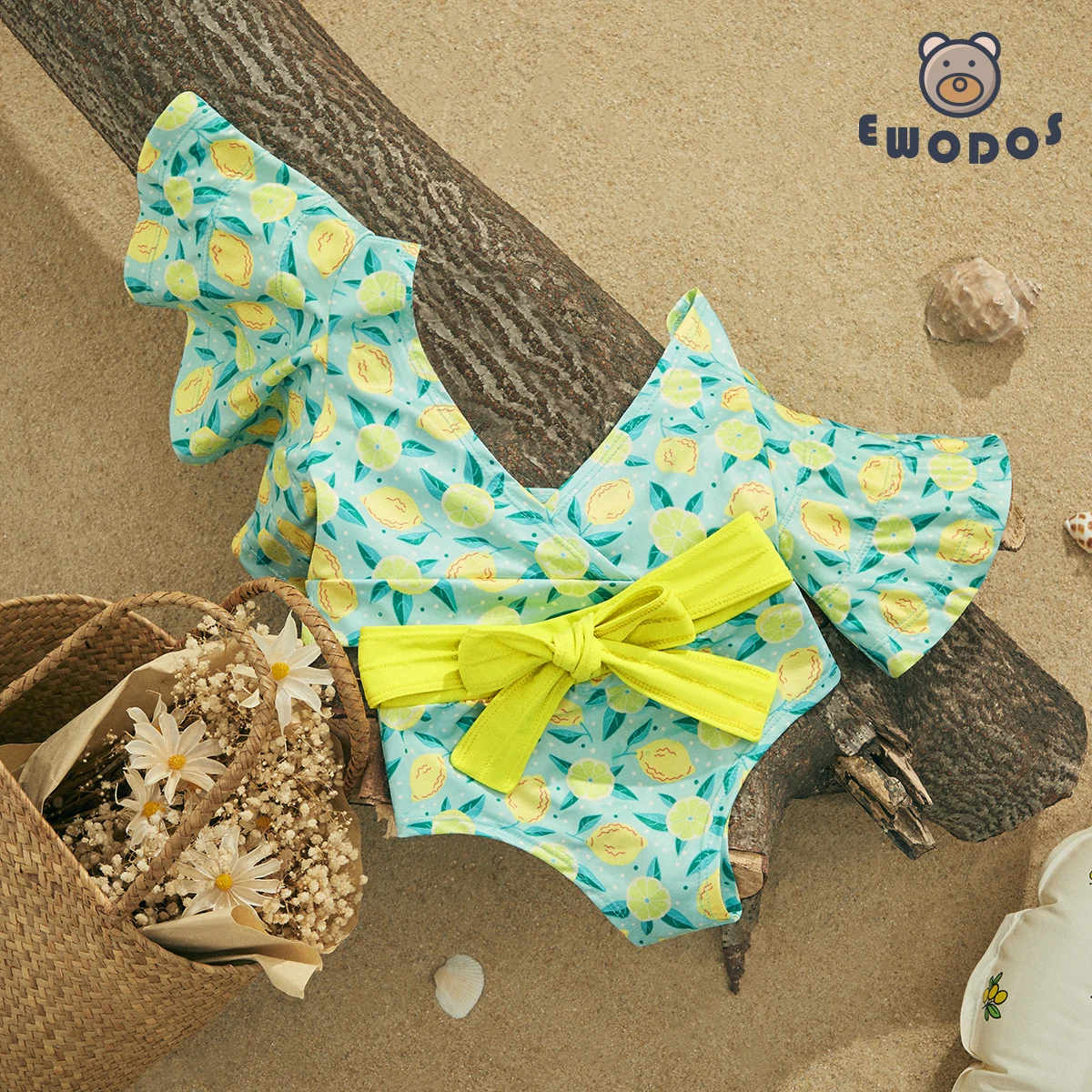 EWODOS 1-6 Years Toddler Baby Girl 2PCS Ruffles Sleeve Swimwear Bikini Sets Summer Floral/Striped Print Swimsuit Kids Bikini Set