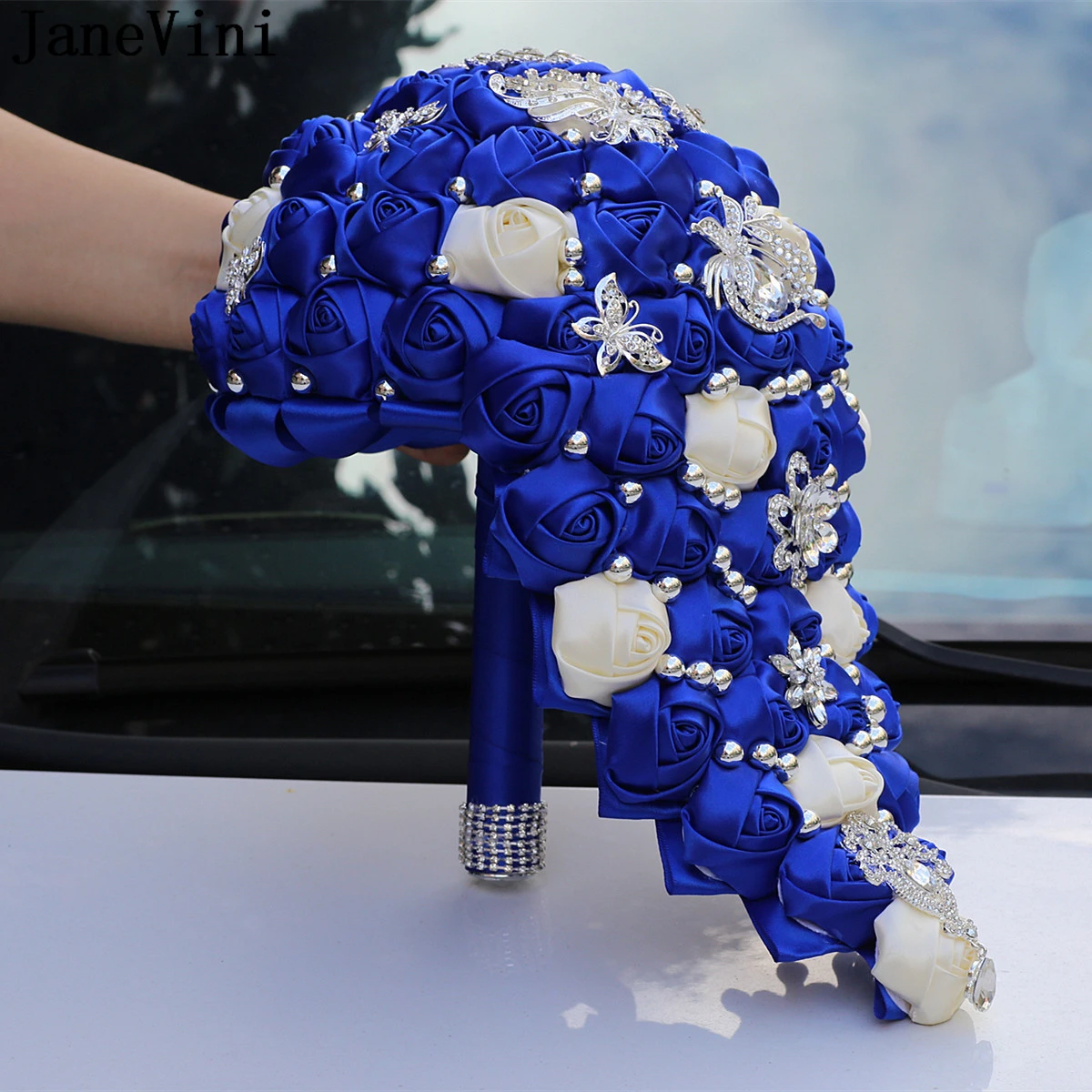 JaneVini Royal Blue Cascading Wedding Bouquets with Silver Crystal Jewelry Handmade Beaded Satin Rose Waterfall Bridal Flowers