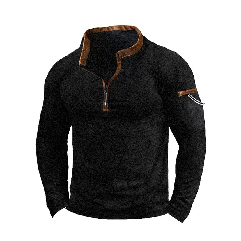 Men's Zipper Stand Neck Sweatshirt Brushed Fleece Thermal Vintage Tees Tops Pullover Training Men Long Sleeves Clothing