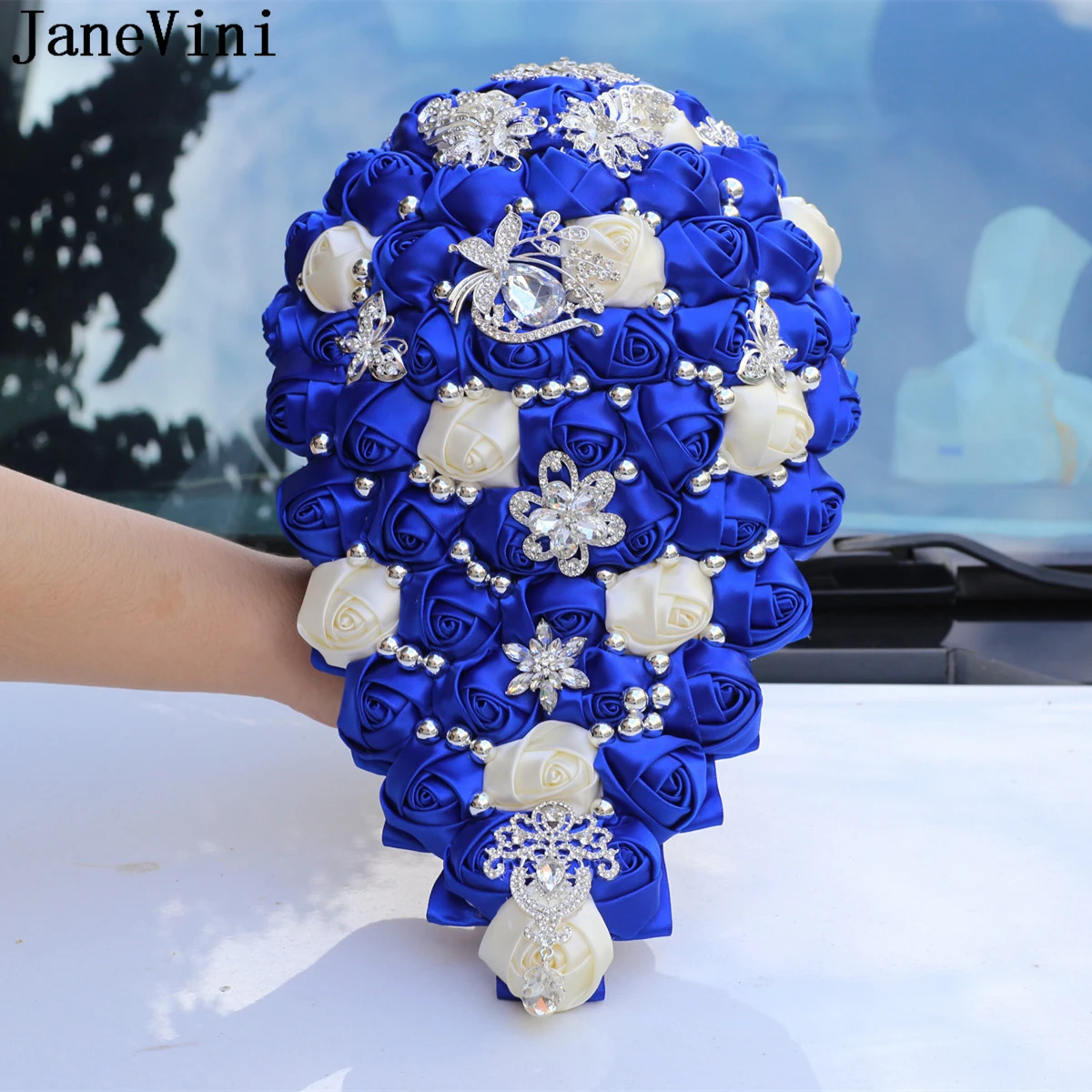 JaneVini Royal Blue Cascading Wedding Bouquets with Silver Crystal Jewelry Handmade Beaded Satin Rose Waterfall Bridal Flowers