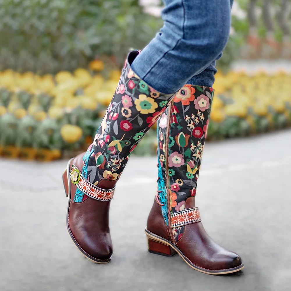 Vintage Mid-calf Boots Women Shoes Bohemian Retro Genuine Leather Motorcycle Boots Printed Side Zipper Back Lace Up Botas