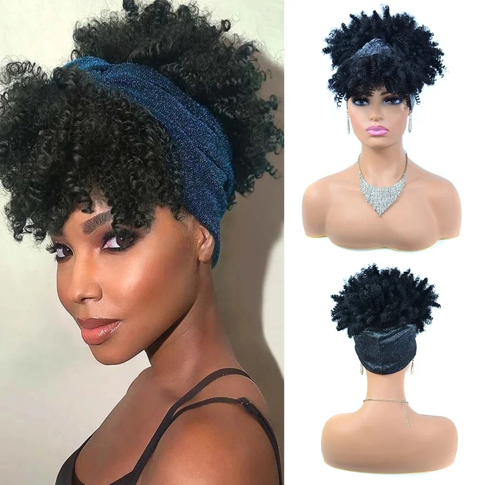 Short Kinky Curly Headband Wigs Afro Puff Curly Headband Wig For Women Natural Synthetic Turban Wrap Wig Cosplay Daily Use