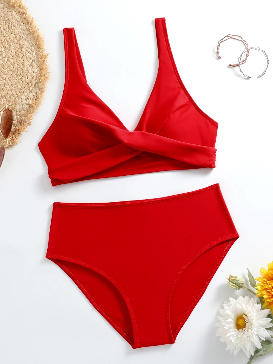 V-neck Bikinis 2023 Women Vintage Swimsuit High Waist Solid Swimwear Female Sexy Bathers Bathing Swimming Swim Suit Beachwear