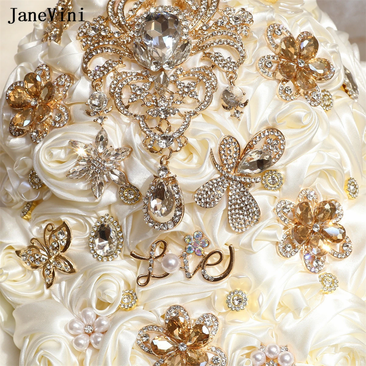 JaneVini new Rhinestones Waterfall Bridal Bouquets Artificial Ivory Satin Roses Flowers Cascading Wedding 2025 Bouquet Accessories