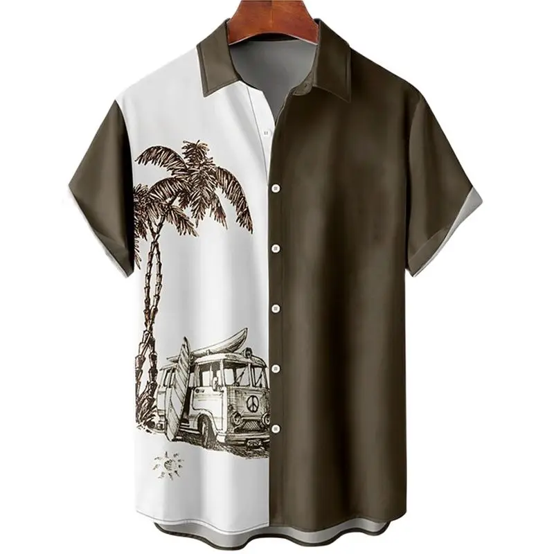Shirt Hawaiian Men Summer Coconut Tree Printed For Men Holiday Beach Short Sleeve Tops Vintage Clothes Oversized Blouse Streetwe smile