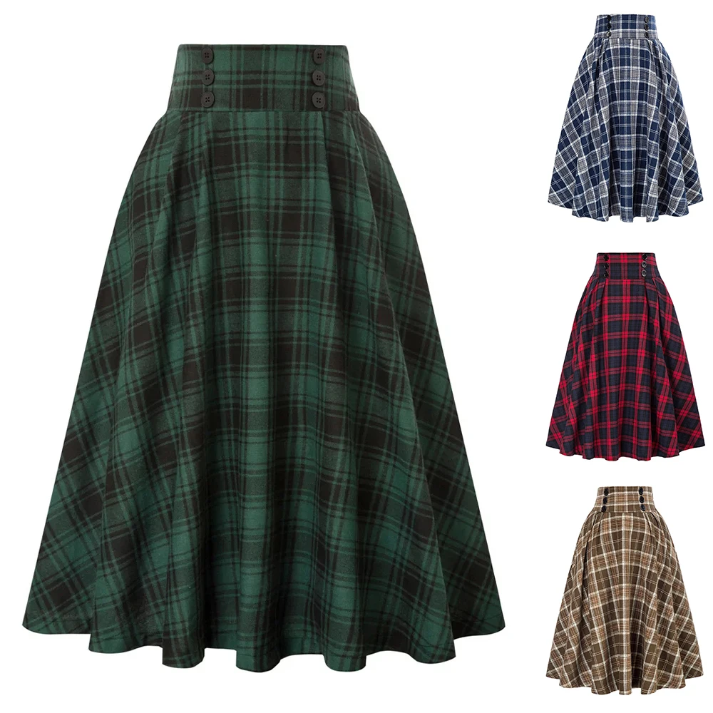 SISHION 2023 Autumn New A Line Swing Buttons Long Midi Vintage Skirt SS0037 Red Green High Waist Plaid Skirts for Women Jupe