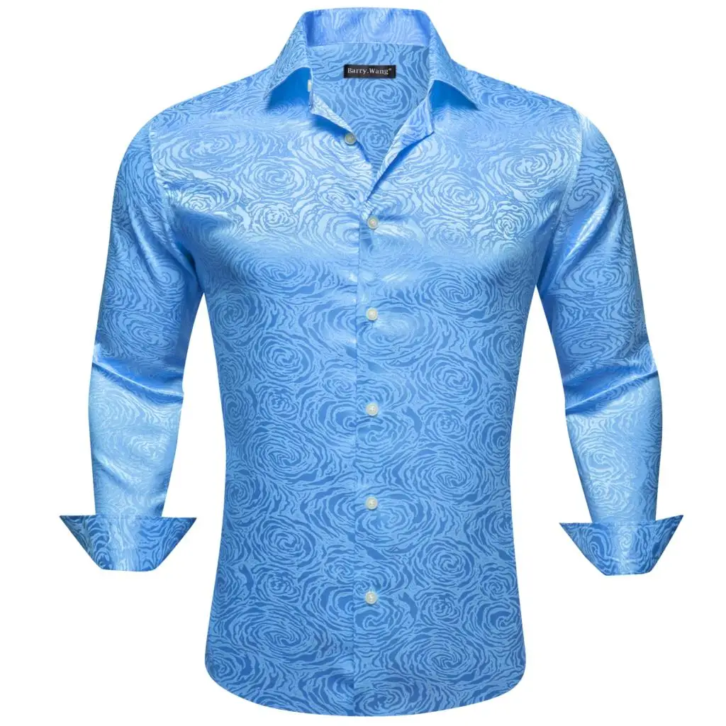 Luxury Shirts for Men Silk Satin Sky Blue Solid Long Sleeve Male Blouses Casual Lapel Tops Breathable Streetwear Barry Wang