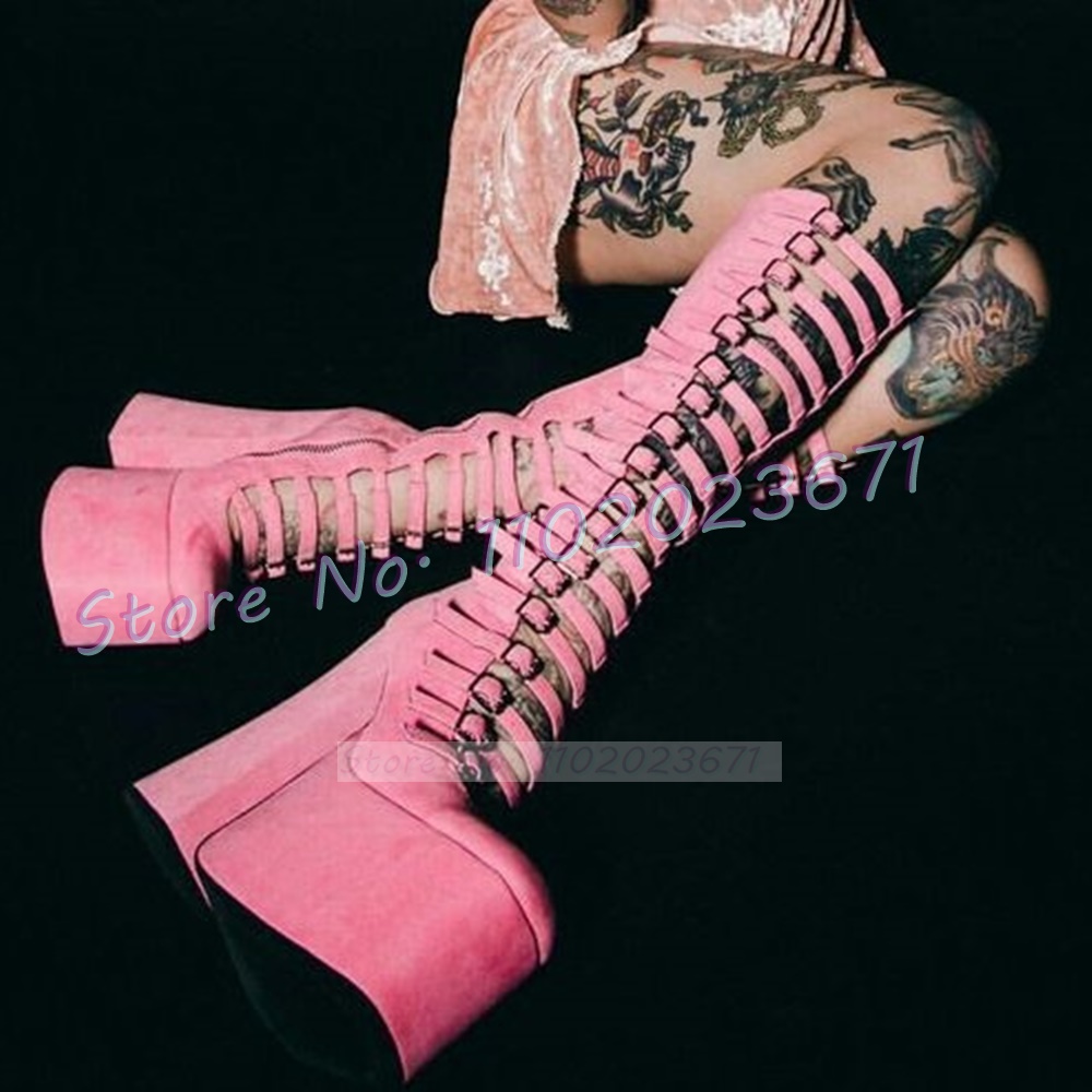 Pink Strappy Platform Boots Women Spring Cut-out Round Toe High Chunky Heels Shoes Lovely Female Multi Buckles Knee High Boots