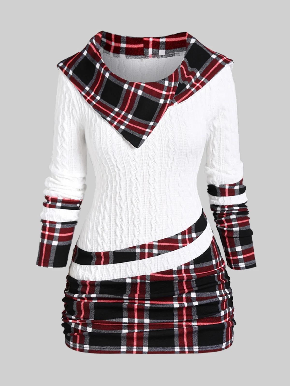 ROSEGAL Plus Size Women's Sweaters Hooded Ruched Plaid Cable Knit Top 2023 Female Autumn Patchwork Pullovers Knitwear New
