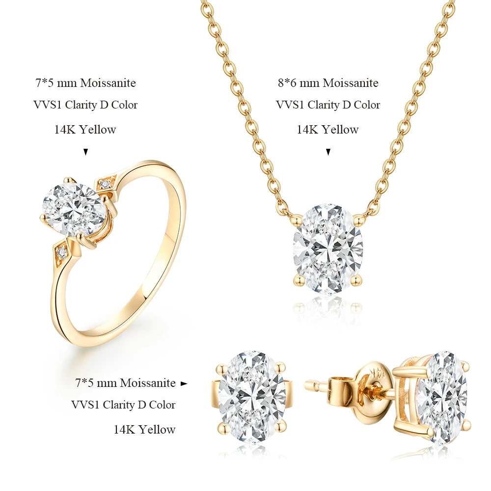 MINTYBOX Solid 18k 14k 10k Yellow Gold Moissanite Ring for Women Necklace Earrings Moissanite Diamond Engegament Jewelry Set