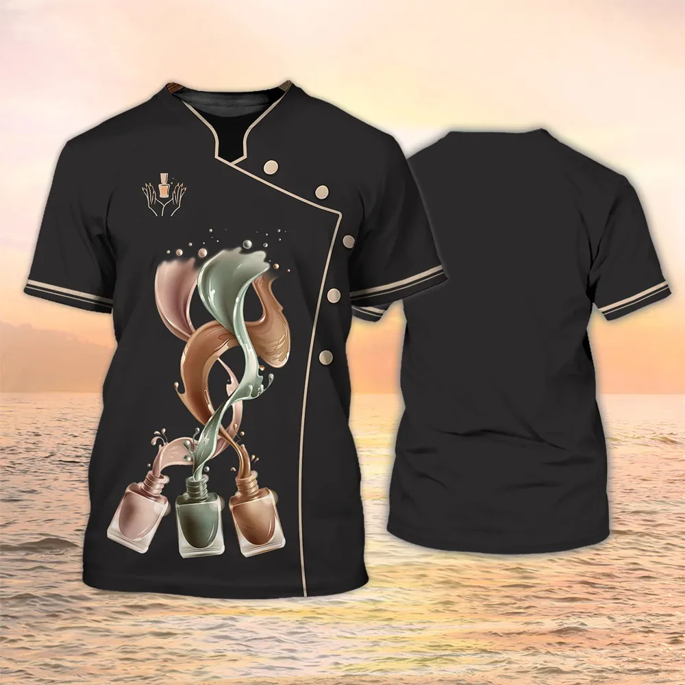 Women's manicure shirt, 3D nail polish printed T-shirt, Harajuku short sleeved shirt, summer fashion, women's casual sweater