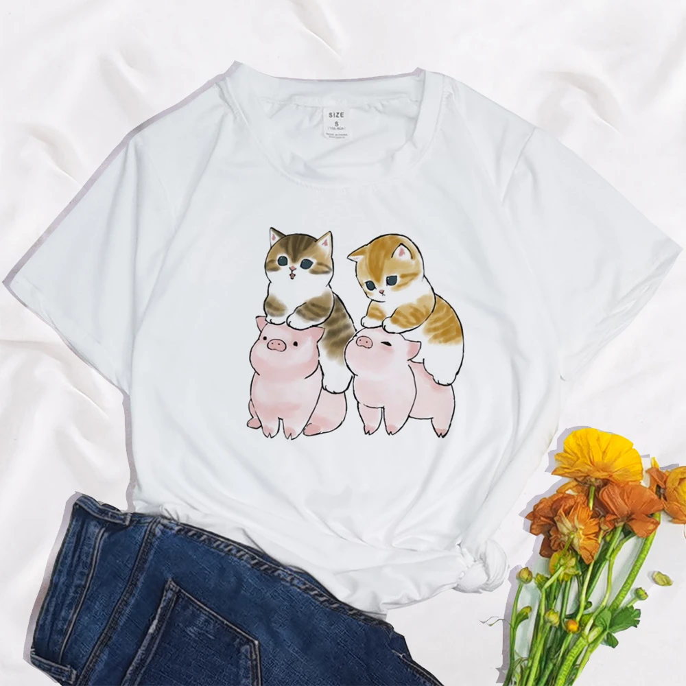 Make Fun of Duck Funny Kawaii Cat Print Clothing Women T Shirt Aesthetics Graphic White Short Sleeve Polyester Women's T Shirt