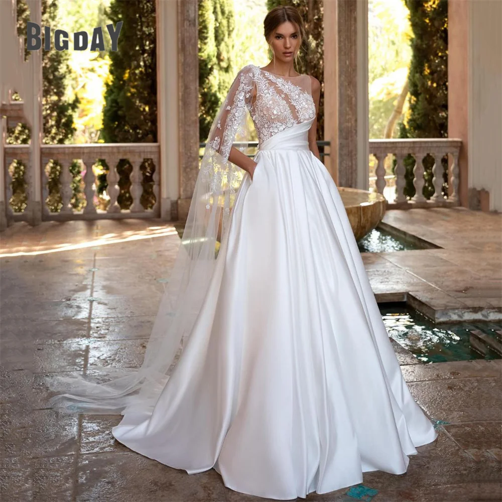 Elegant A-Line Wedding Dresses Women 2024 Open Back Lace O-Neck Satin Pleat Applique Bridal Gowns Sweep Train Vestidos De Noiva