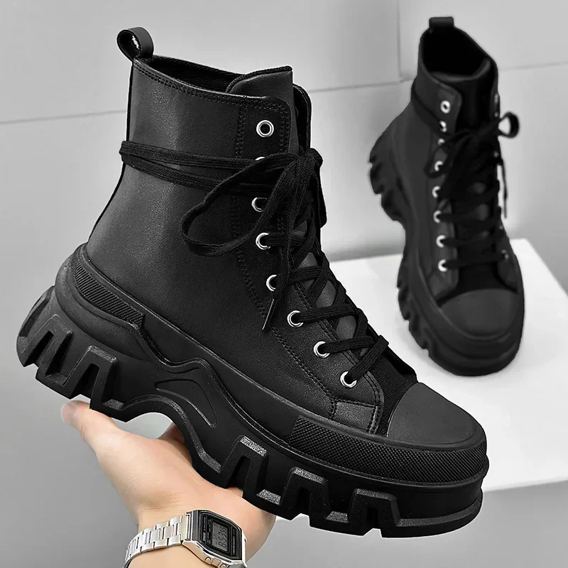 Fashionable British Style Motorcycle Boots High Top Lace Up new Leather Boots 2024 Autumn/winter New Unisex 2025 Boots Men Ankle Botas
