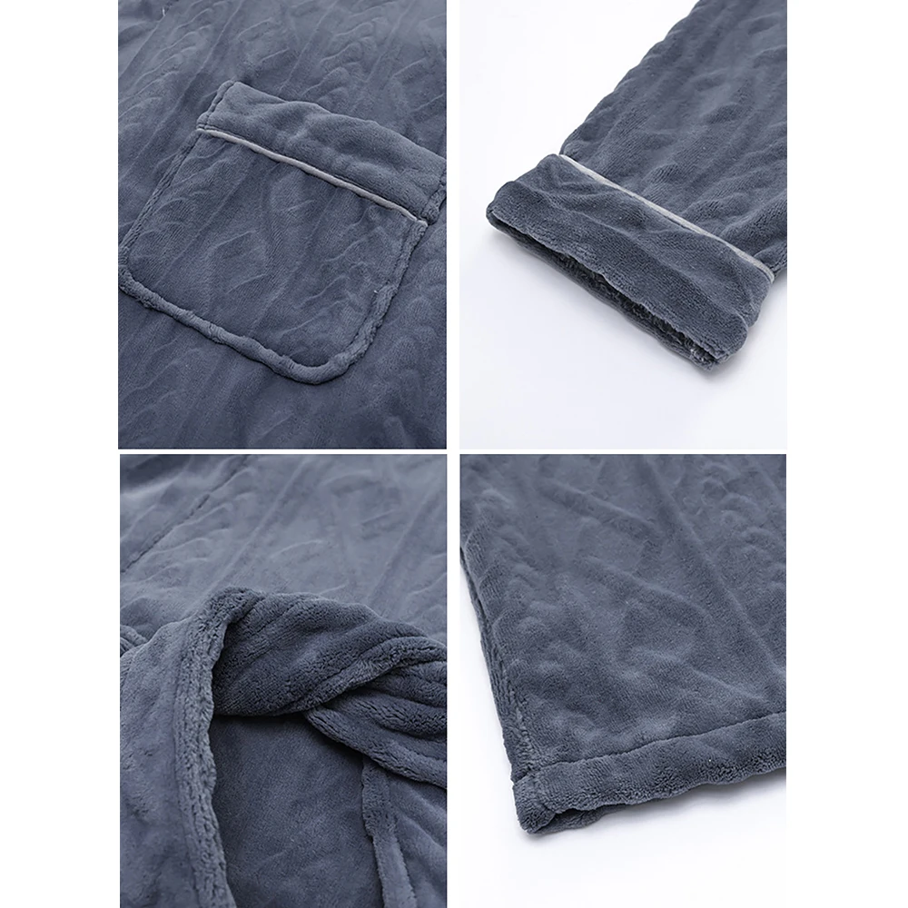 Men's Terry Kimono Winter Coral Fleece Thicken Warm Long Robe For Men+Flannel Long Pants Solid Soft Bathrobe Set pyjama homme