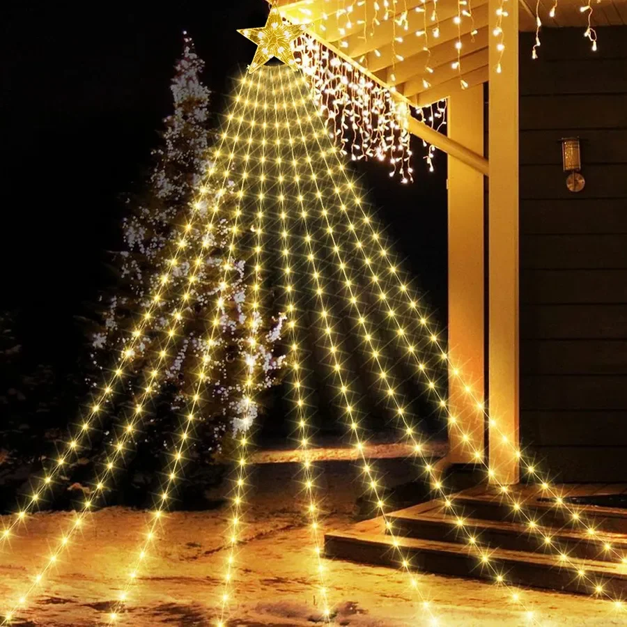 Outdoor Lights 9X3M Tree Christmas Star String Lights 288 LED Waterfall Curtain Lights Topper Star Fairy String Light smile