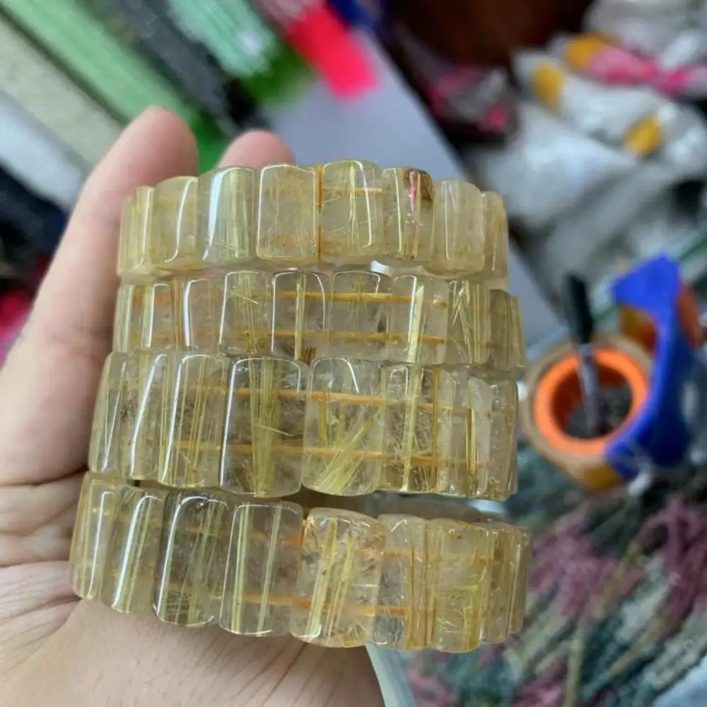 Golden Rutilated Quartz Stone Beads Bracelet Natural Gemstone Jewelry Bangle for Woman for Man Wholesale !