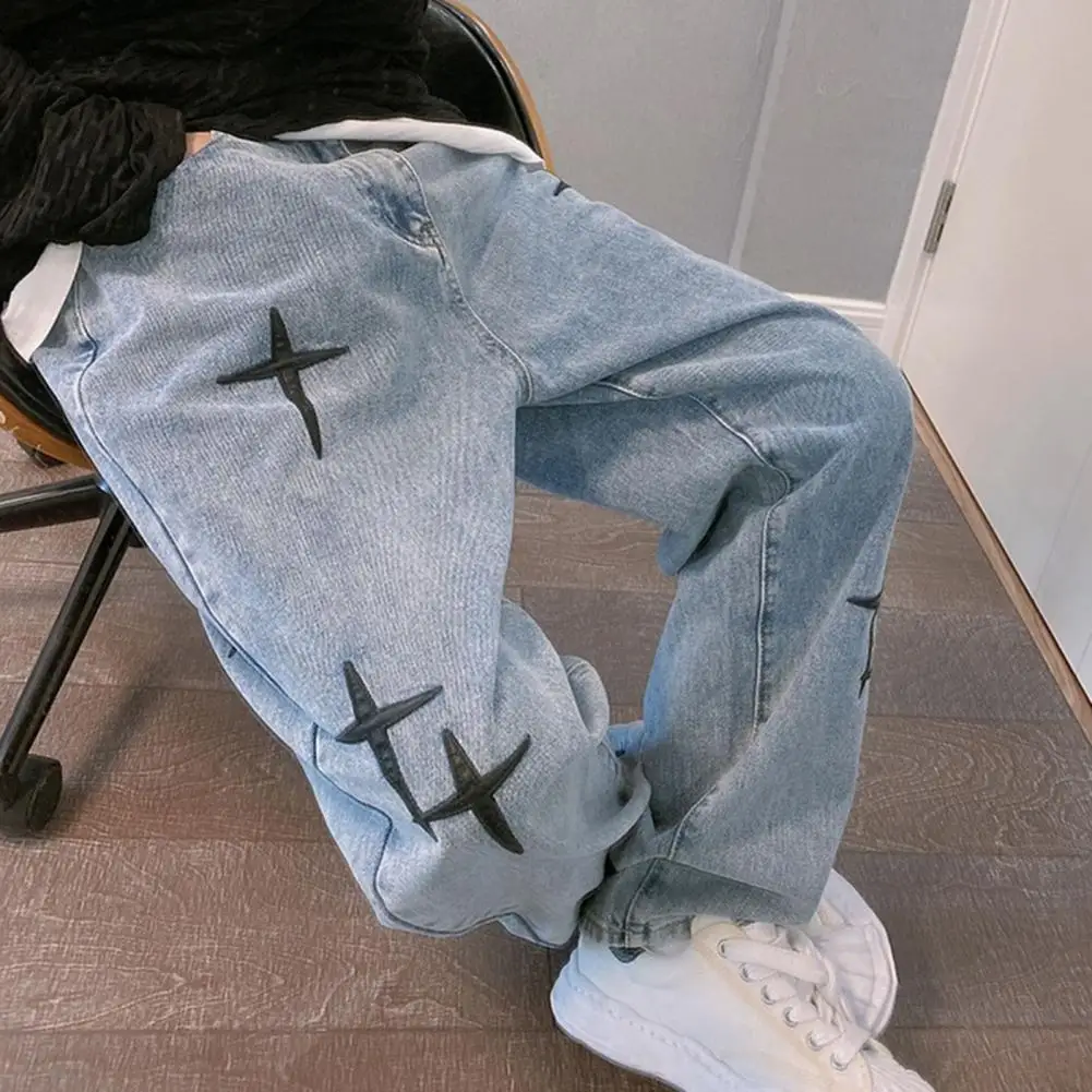 Men Loose Pants Men Jeans Vintage Embroidered Wide Leg Men's Jeans Stylish Streetwear with Soft Breathable Fabric Hip Hop Vibes