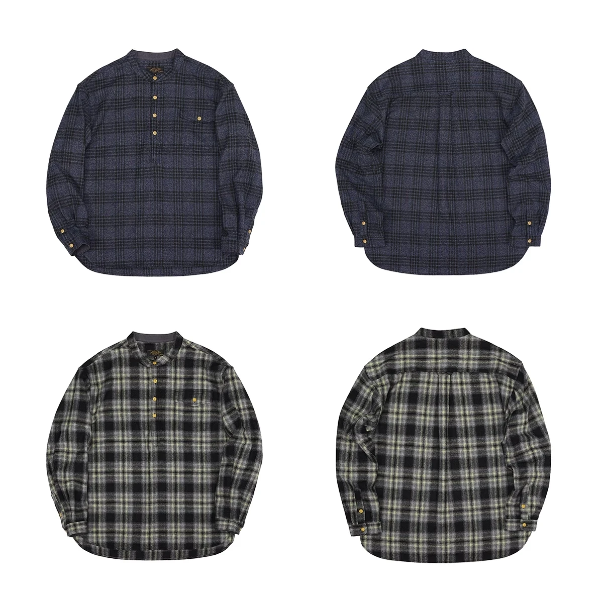 Second Order Band Collar Flannel Shirt Retro Style Woolen Plaid Pullover Shirt