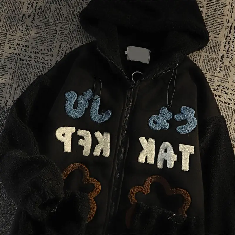 Japanese Retro Design Like Lambswool Stitching Sweater Coat Female Y2K Loose Plus Velvet Padded Hooded Cotton-Padded Jacket