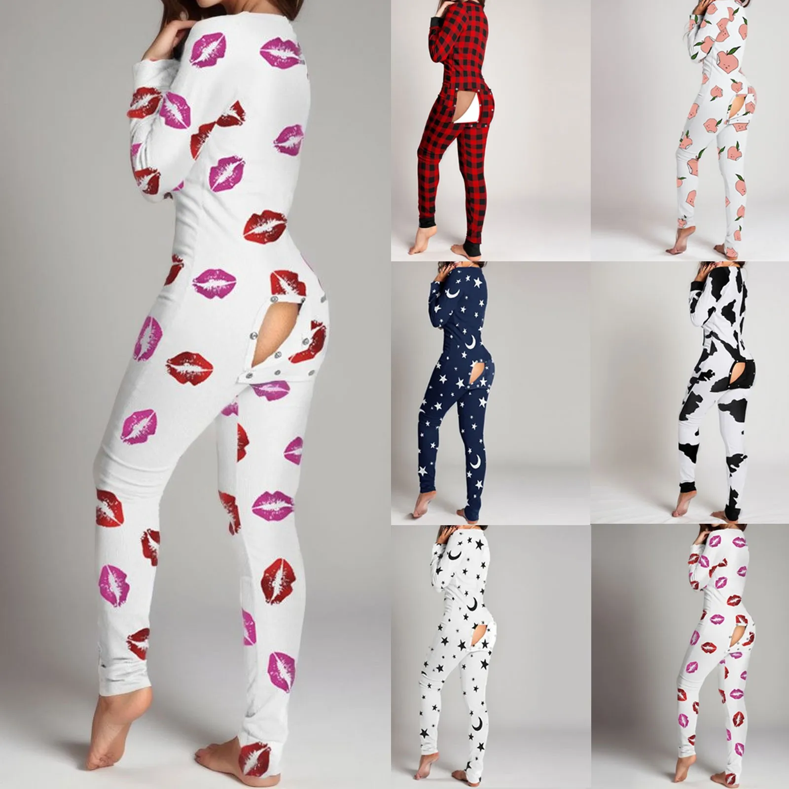 Sexy Pyjama Women'S new Jumpsuit Suit Button-Down Front Back Butt Bum Open Flap Jumpsuit Loungewear Christmas 2025 Print Buttoned New