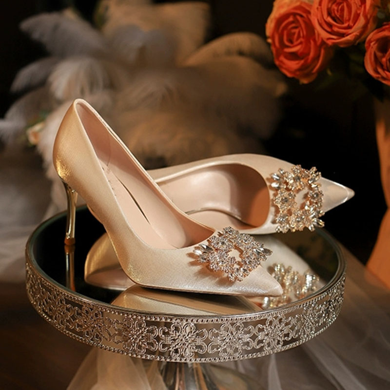French-Style Wedding Bride Design Crystal Thin Heels Pumps Women Elegant Pointed Toe High-Heeled Woman Prom Shoes 4 8520c