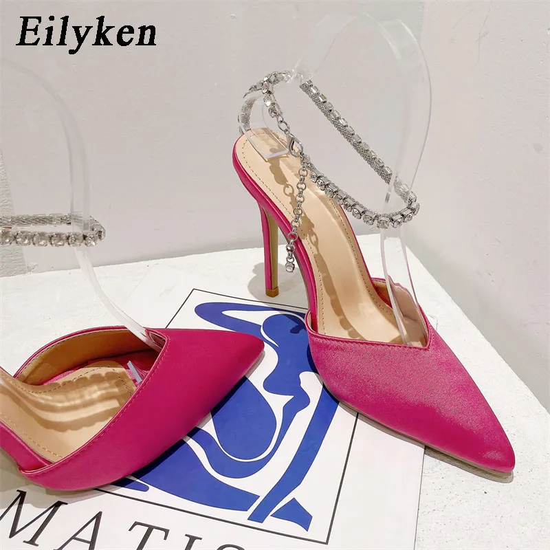Eilyken Satin Pointed Toe Women Pumps Designer Crystal Chain Buckle Strap Thin High Heel Party Prom Slingback Female Shoes