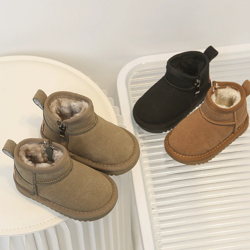 2023 New Genuine Leather Snow Boots For Kids Girls Boys Solid Suede Winter Zip Ankle Boots For 0-6years Children Woman Shoes