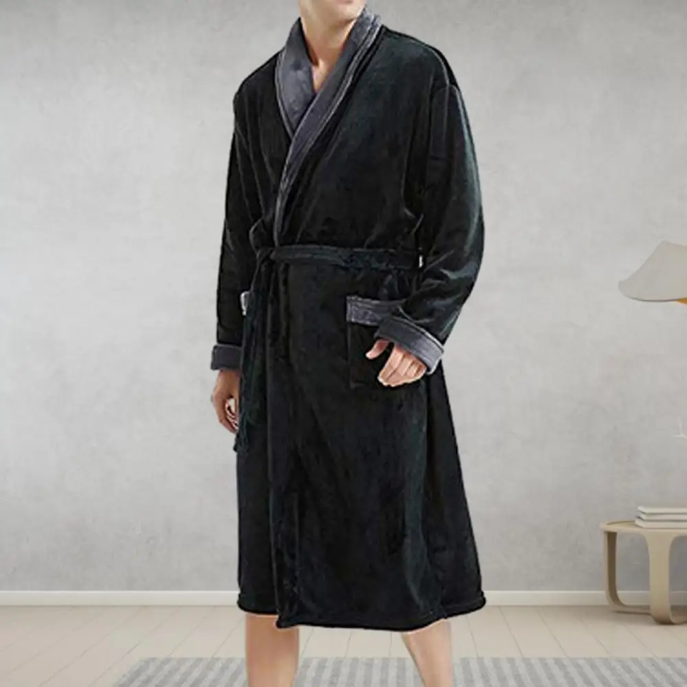 Men Winter Nightgown Thick Plush Print Coral Fleece Long Sleeve Tie Waist Pockets Homewear Sleepwear Robe Bathrobe