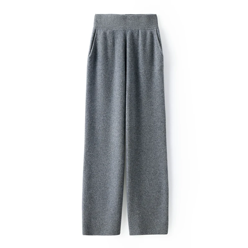 Cashmere Trousers 2025 Autumn Winter Woman's Pants Wide Leg Pants Loose Casual Elasic Mid new Waist Full Length Pants 100% Woolen Knitted