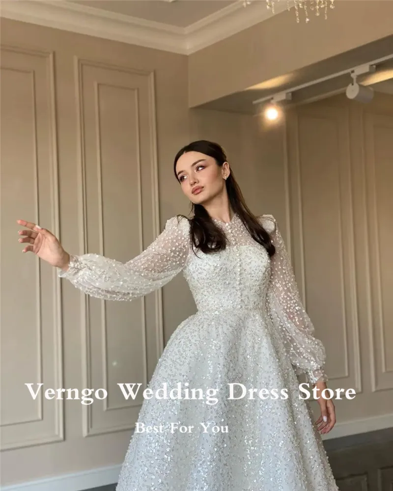 Verngo Glitter A Line Puff Long Sleeves Wedding 2025 Dresses Modest High new Neck Buttons Front Sweep Train Dubai Women Bridal Gowns