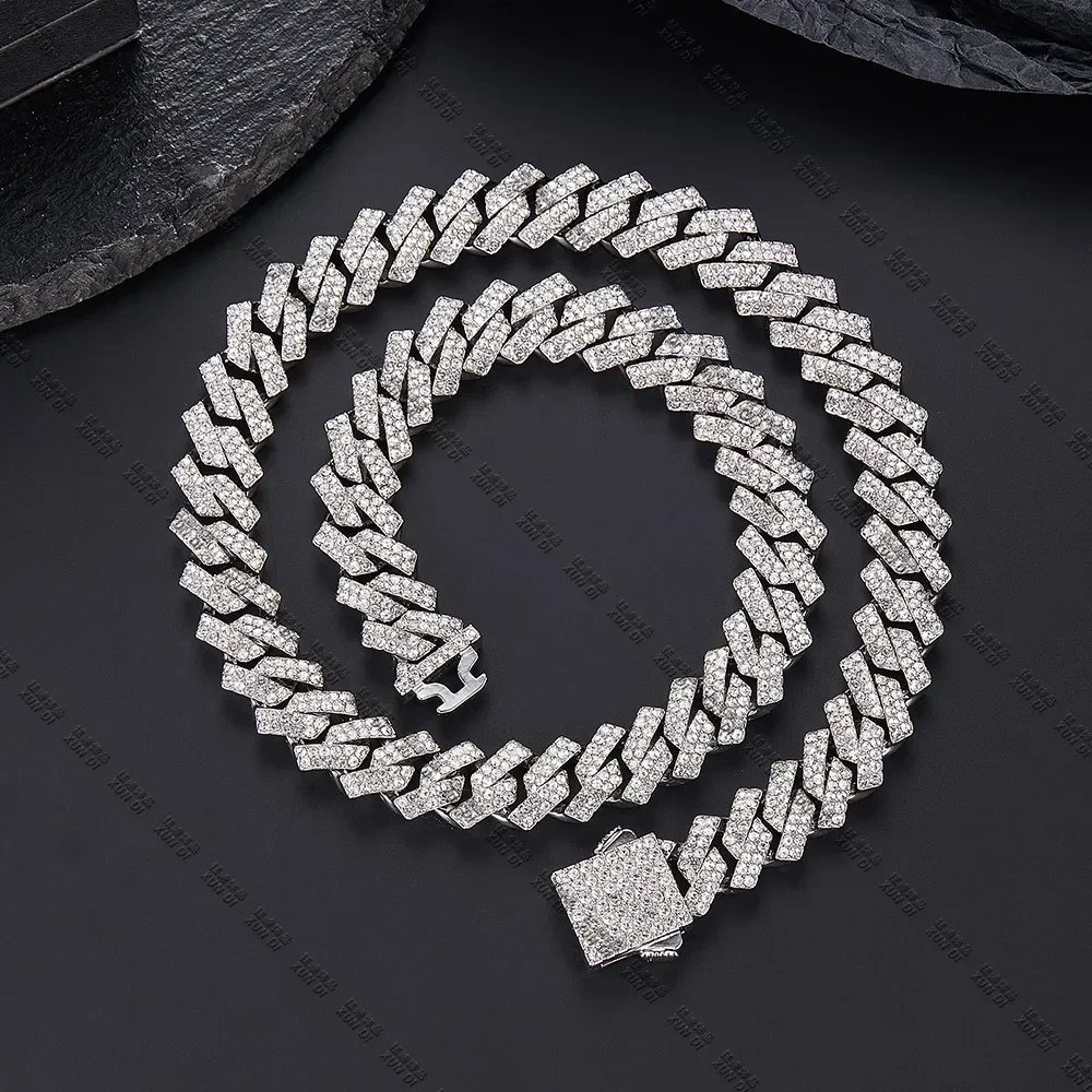 Ice Crystal Rhinestones Strip Spring Buckle Cuban Chain 15mm Hip Hop Men's and Women's Necklace Bracelet Accessory Jewelry