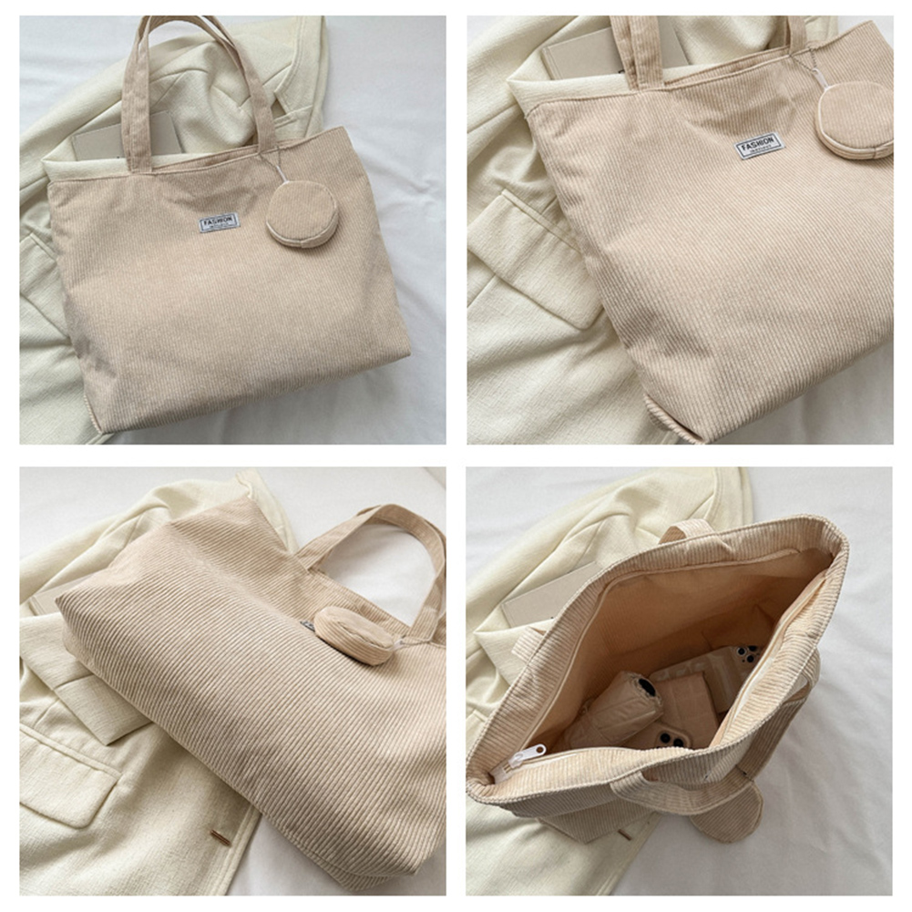 Women Corduroy Tote Handbag Zipper Top Handle Bag Foldable Lightweight Handbag with Coin Bag Large Capacity Versatile Sling Bag