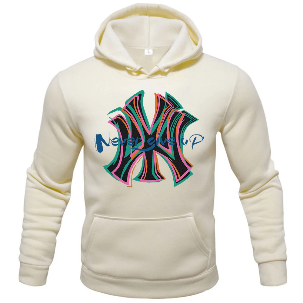 'Never give up' letter print new 2023 men's casual loose hoodie pocket new drawstring 2025 hoodie men's fleece hoodie pullover