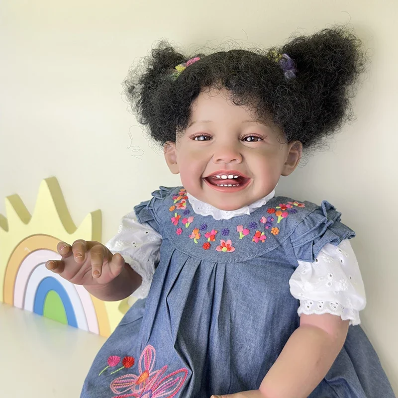 24inch Mila Dark Brown Skin Reborn Toddler Girl Doll Happy Girl Soft Cloth Body Rooted Hair High Quality Hand new 2025 Painted Doll