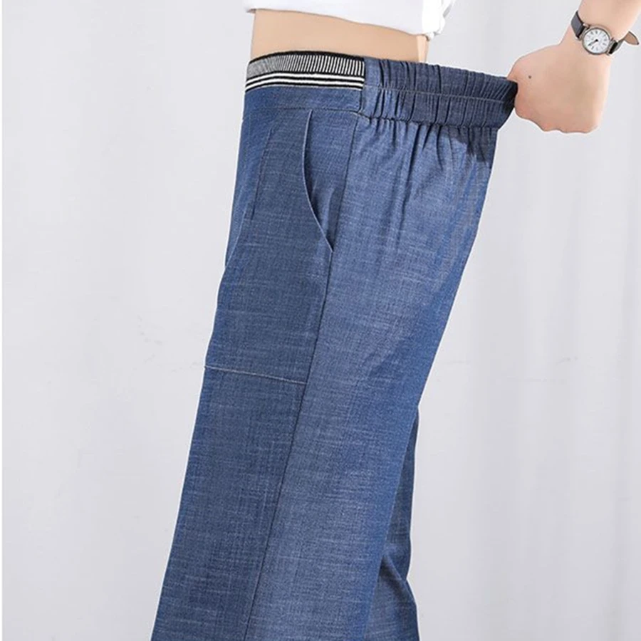 Blue Elastic High Waist Thin Baggy Jeans Women Wide Leg Trousers Ankle length Denim Pants Casual xl Pantalones Korean Vaqueros