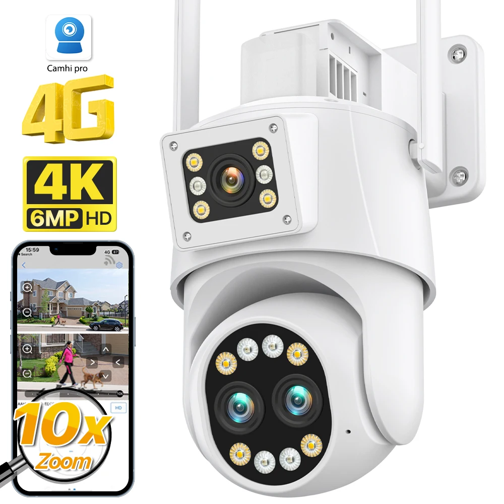 IP Camera With 4G Sim Card 4K 6MP HD Wifi PTZ Camera Outdoor 10X Zoom Dual Lens Video Surveillance Security Camera Camhi Pro