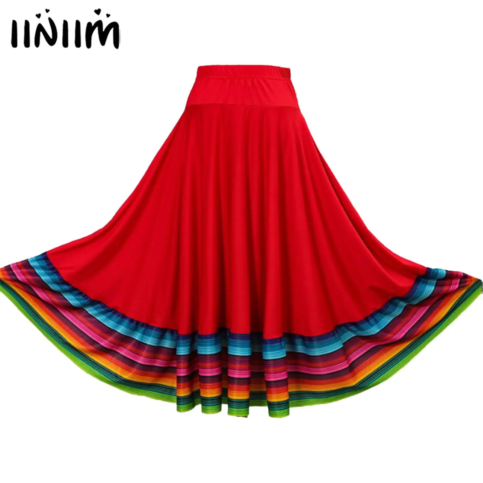 Womens Folklorico Dance Skirts Spanish Folkloric Mexican Flamenco Full Circle Performance Costume Colorful Stripe Hem Skirt