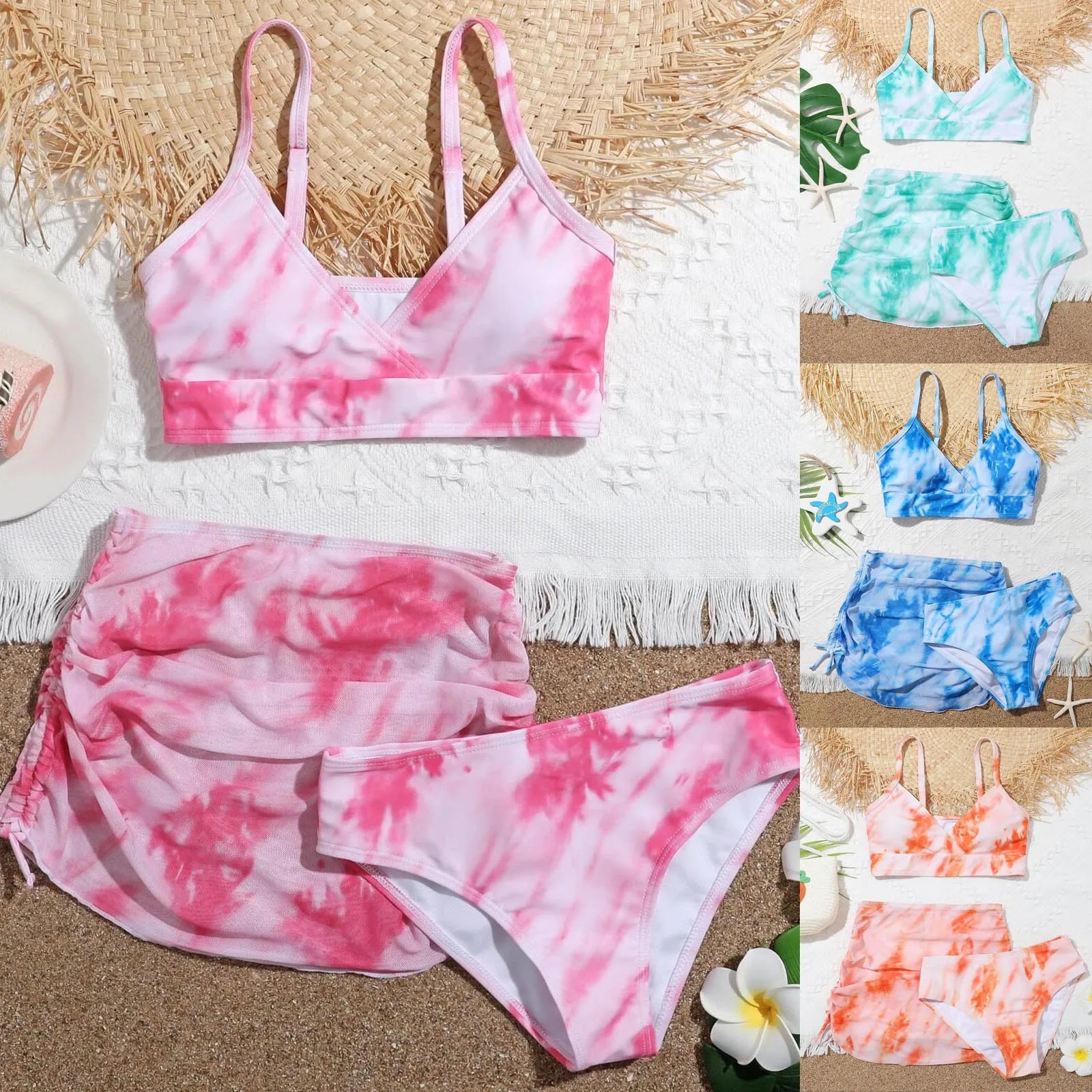 Three Piece Girls Summer Swimwear Printing Dyeing Floral Swimsuit Cute Crisscross Bathing Suit Beachwear Swim 5