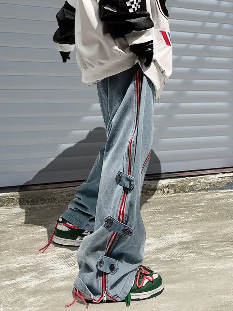 Goods Casual Haruku American Loose Punk Rock Straight Wide-Leg Pants Street Y2K Cargo Pants Retro Street Zipper Split Jeans smile