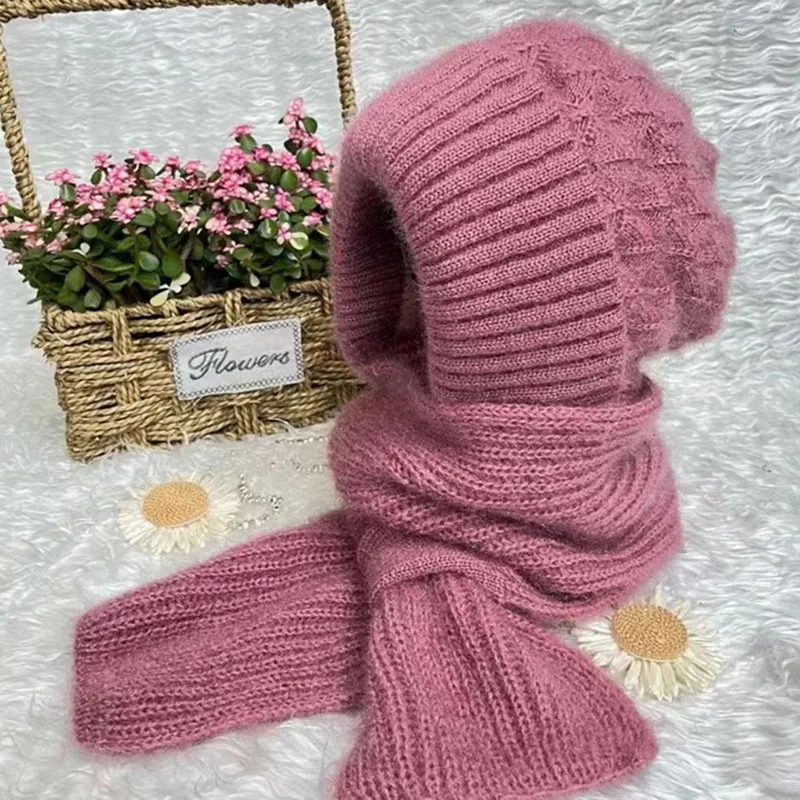 Winter Thermal 3 In 1 Hat Loebke Integrated Windproof Pullover Hat Hooded Scarf For Women Mask Scarf Plush Lining Knitted Hat smile