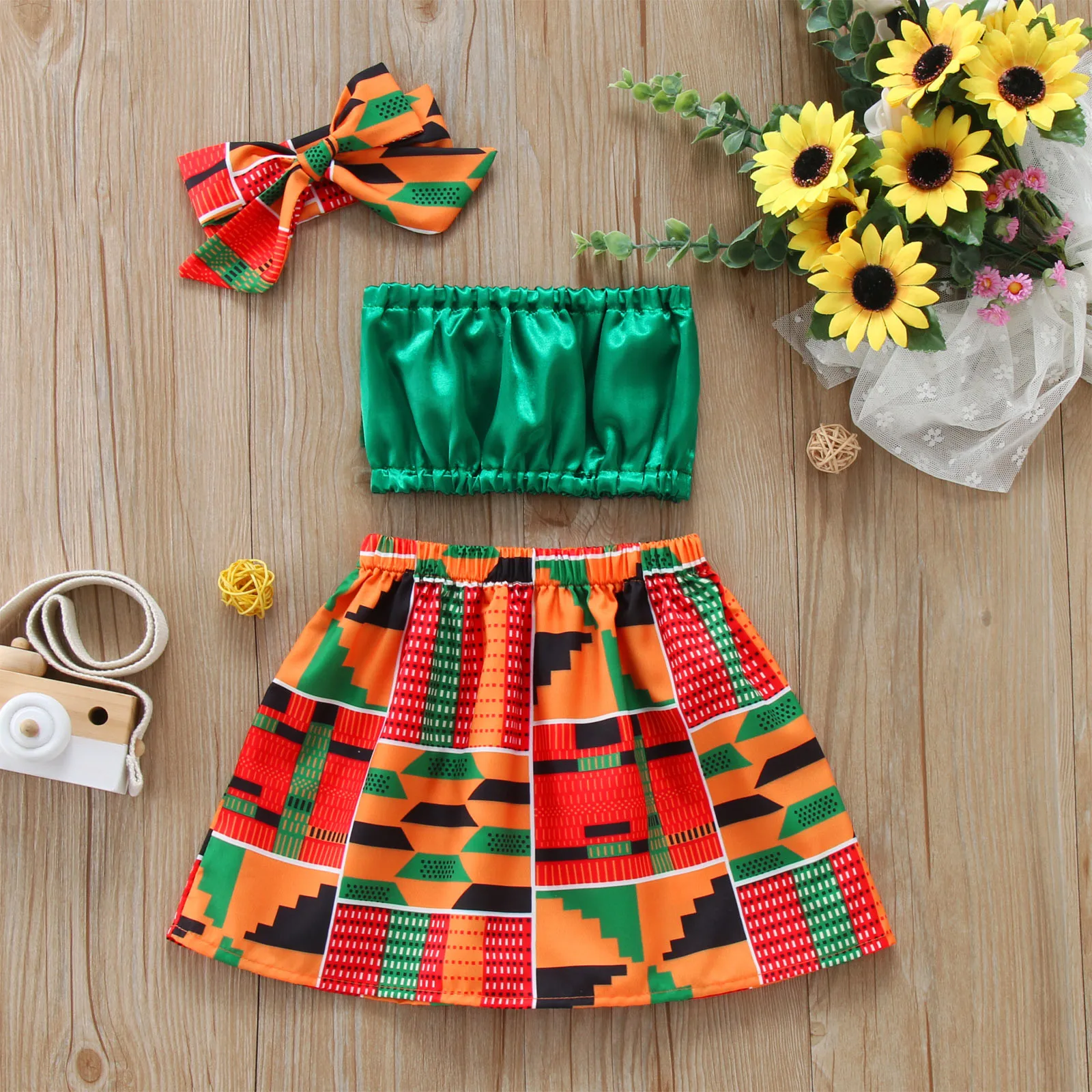 Children's Sets new Toddler Kids Baby Girls 2025 Summer Clothes African Style Vest Tops Dashiki Skirts Headband Ankara Outfits Set