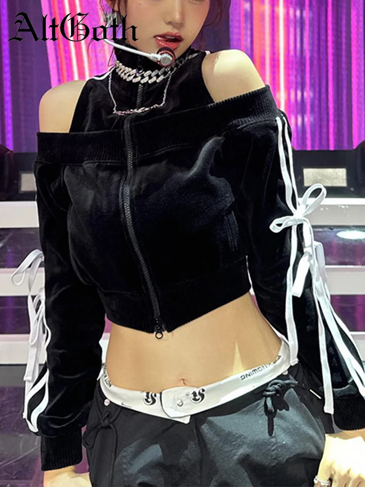AltGoth Streetwear Sweet Veet Crop Jackets Women Mall Gothic Aesthetic new Y2k Lace-up Bow Cut Out 2025 Shoulder Cardigan 2023 Autumn