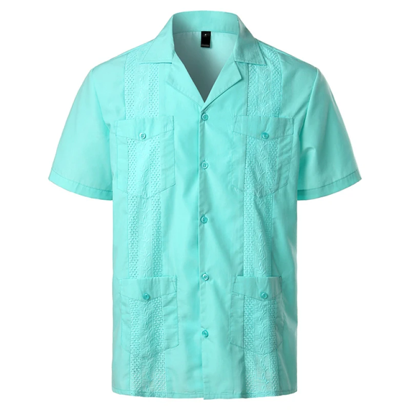 Men's Cross Dyed Guayabera Woven Button-Down 2025 solid Shirt Short Sleeve Embroidered Traditional Cuban Shirt with new Revere Collar 4XL