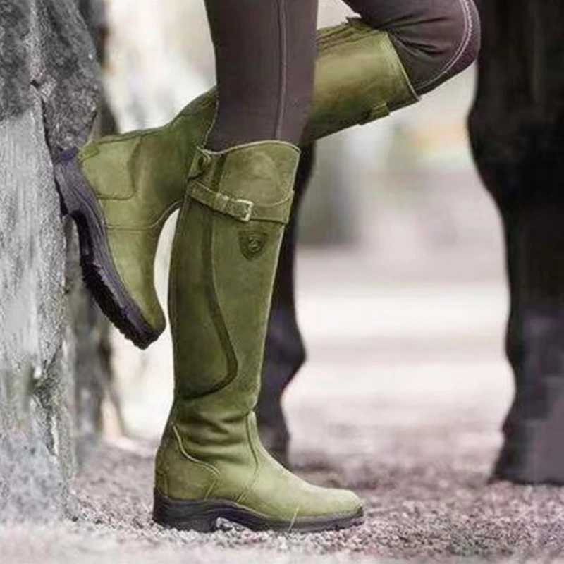 Women Autumn Winter Knee High Female Pleated Buckle Leather Zipper Flat Long Boots Plus Size 35-43 Botas De Mujer