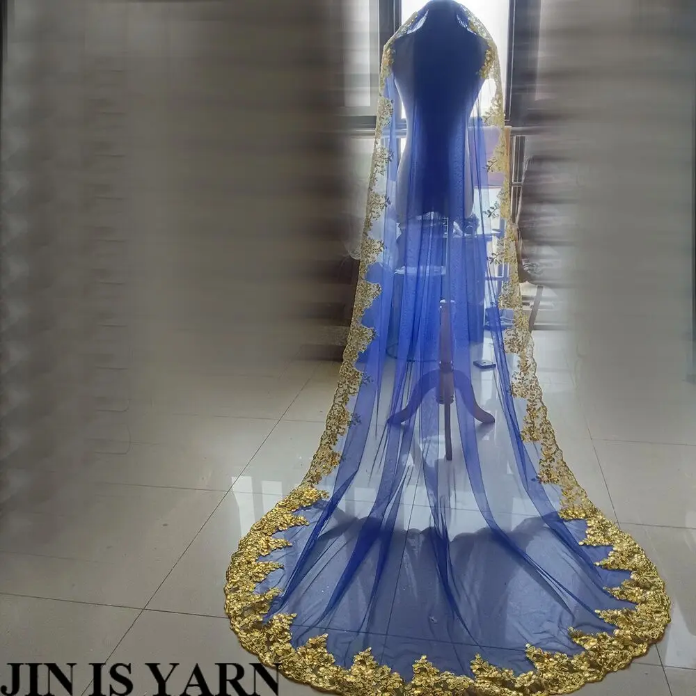 New Royal Blue Red 3 Meters 3.5M new 4M 5M Bling Sequins Gold Lace Long Cathedral 2025 Wedding Veil Colorful Bridal Veil with Comb