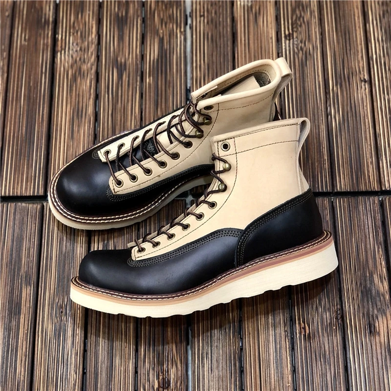 New Handmade Round Toe Vintage British Men White Cow Leather Shoes Autumn Winter Ankle Boots Work Tooling Motorcycle Boots Mixed