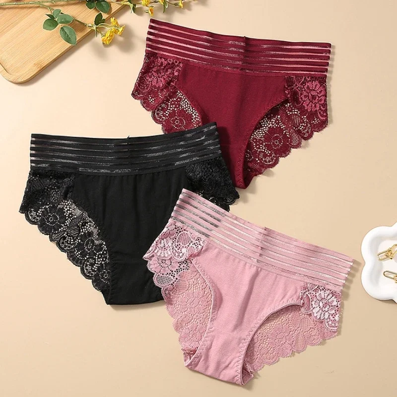 3PCS S-4XL 2025 new Women Panties Sexy Lace Briefs Solid Underwear Ladies Underpants High Waist Panties Transparent Intimates Lingerie