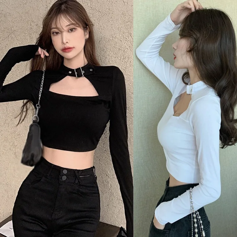 Women's Square Collar Slim Sexy Navel Exposed Long Sleeved T-shirt Tops